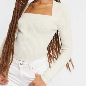 ASOS Design Ribbed Square Neck Long Sleeve Top – Cream